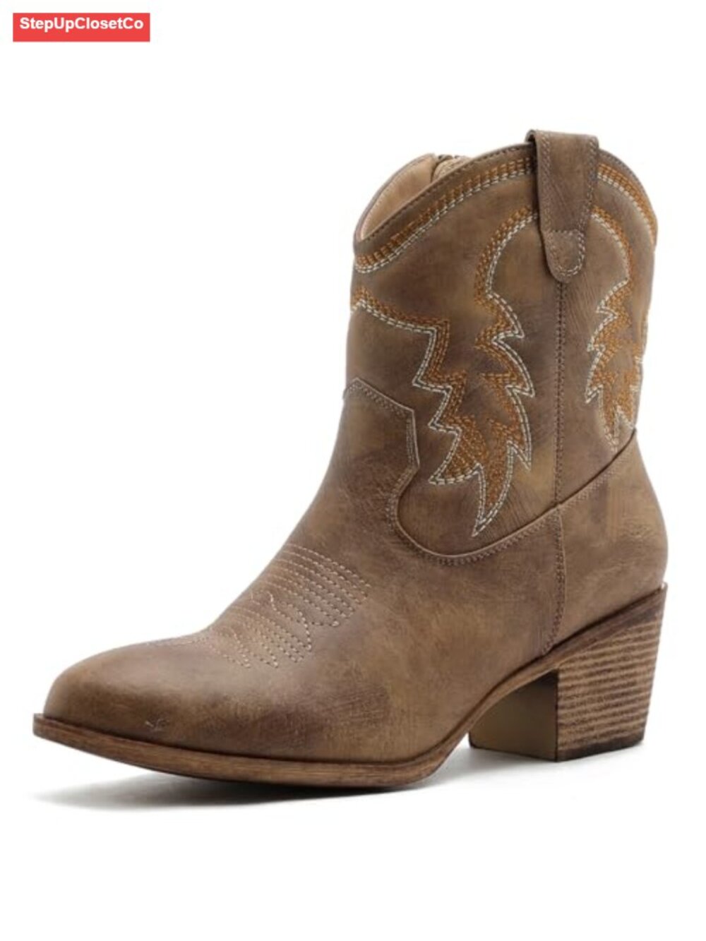 Women's Faux Leather Cowgirl Ankle Booties, Side Zipper, 2" Heel